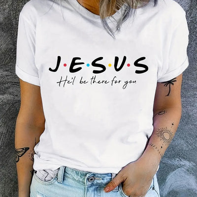 "Jesus" Print T-Shirt, Summer Short Women's Clothing