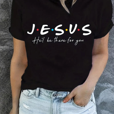 "Jesus" Print T-Shirt, Summer Short Women's Clothing