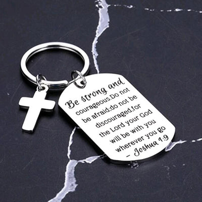 Christian Gifts Inspirational Bible Verse Keychain "Be Strong Courageous" Cross