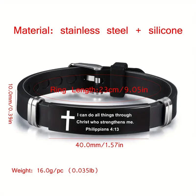 Christian Cross Bible Verse Bracelet Black Stainless Steel Inspirational Faith Bracelets For Men Women Jewelry