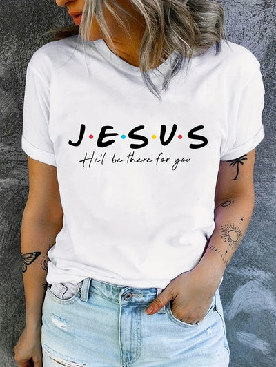 "Jesus" Print T-Shirt, Summer Short Women's Clothing