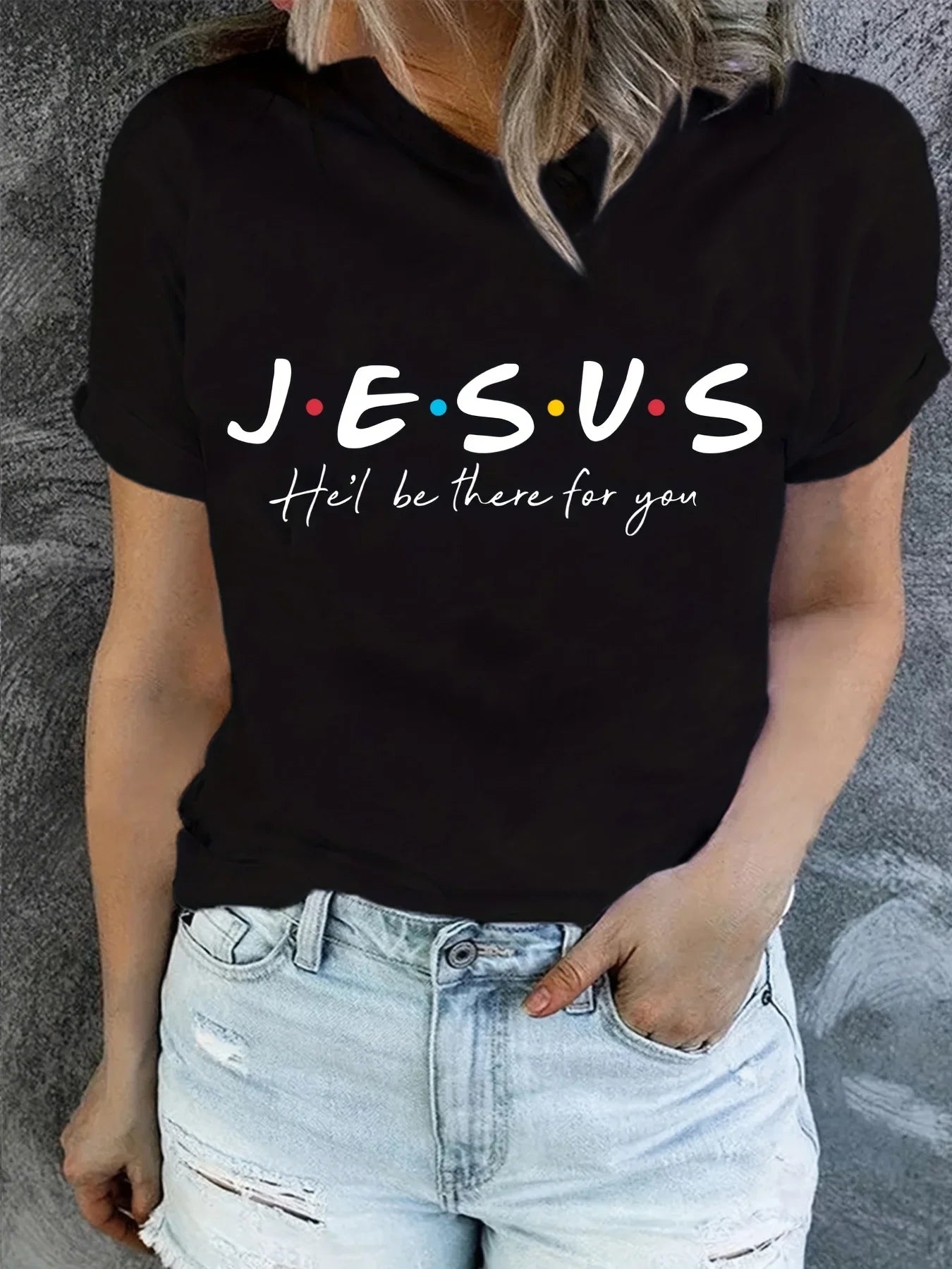 "Jesus" Print T-Shirt, Summer Short Women's Clothing